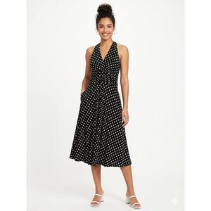 Chaps Polka Dot Halter Midi Dress Ruched Twist Waist Black White Small